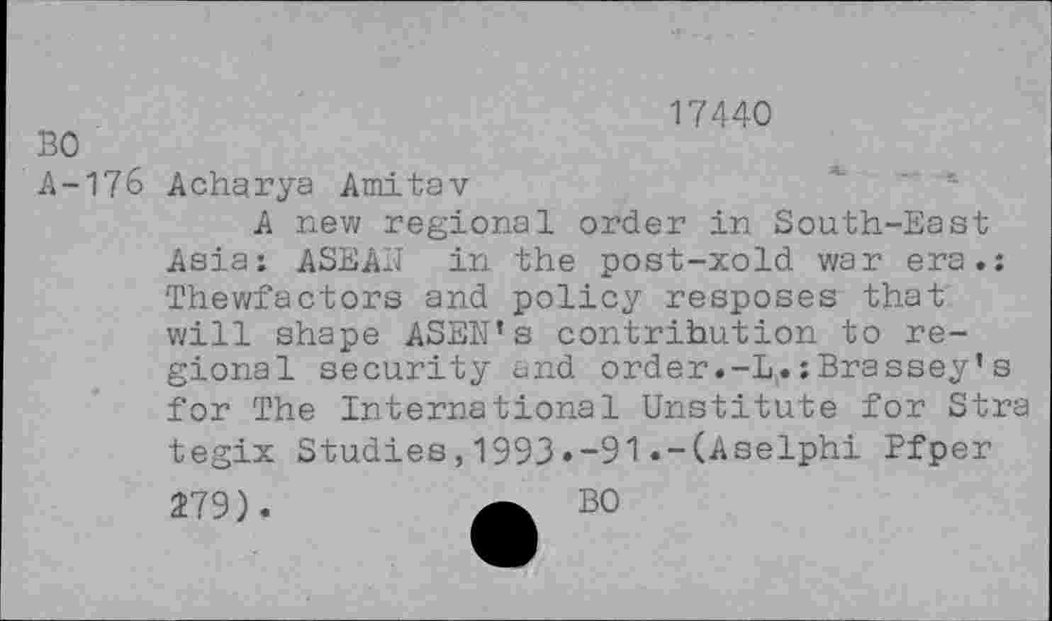 ﻿17440
BO
A-176 Acharya Amitav
A new regional order in South-East Asia: ASEAiT in the post-xold war era.: Thewfactors and policy resposes that will shape ASEN’s contribution to regional security and order.-L.:Brassey’s for The International Unstitute for Stra tegix Studies,1993»-91.-(Aselphi Bfper
279).
BO